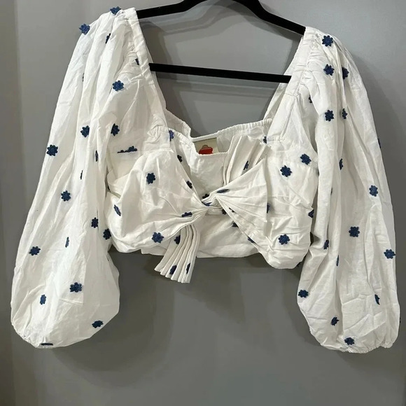 NWOT Farm Rio 100% Cotton Blue Flowers Embroidered Crop Top Blouse Size L - Picture 2 of 9